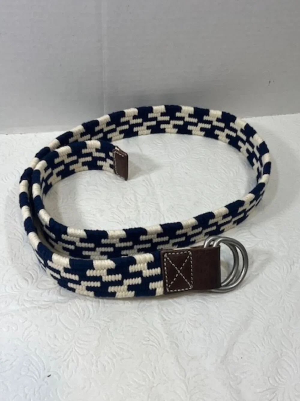 J.Crew Navy Blue & White Woven Cotton Belt Leather Trim Double D-Ring Buckle S-M